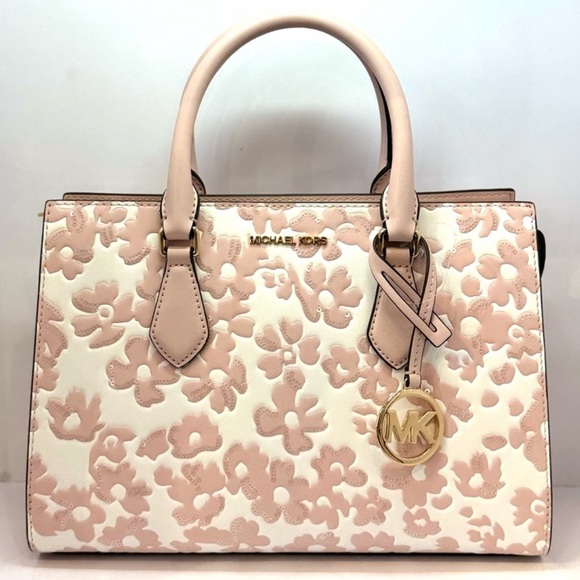 Michael Kors Sheila Medium Sequined Floral Satchel Bag Powder Blush Multi - Picture 2 of 12